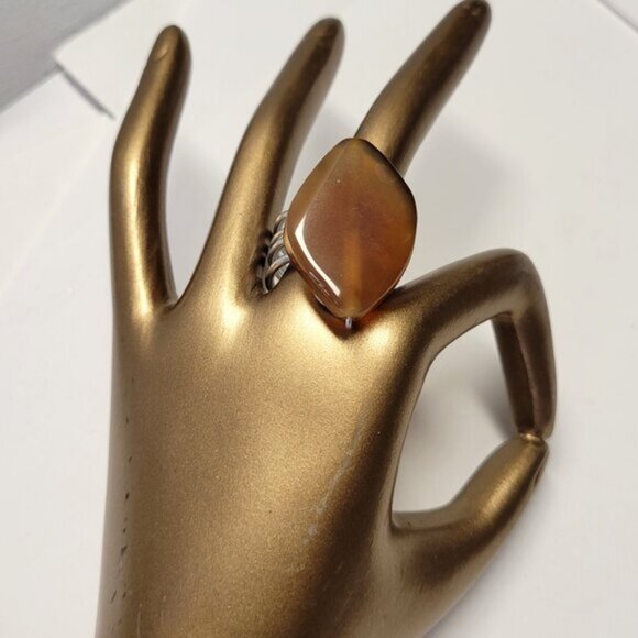 Amber Brown Rhombus Shape Ring Adjustable Band Handmade Semi Precious Ring - Picture 3 of 10